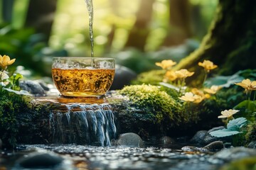 Poster - Refreshing tea poured into a glass bowl beside a tranquil stream surrounded by vibrant flowers in a serene forest setting