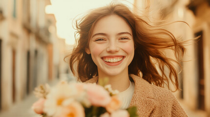 Young caucasian woman with curly hair smiling while holding a bouquet of flowers on a sunny street joyful expression