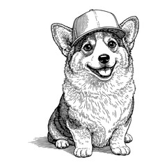 Wall Mural - happy corgi dog wearing snapback hat detailed black and white outline line art drawing