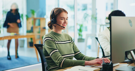 Wall Mural - Business, call center or woman with computer, help desk or customer support in office. Person, employee or consultant for insurance company, headset or online reading for client info or telemarketing