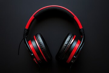 Poster - Red and black headphones positioned against a black backdrop, highlighting their stylish appearance and color contrast. Red and Black Over-Ear Headphones on Black Background .