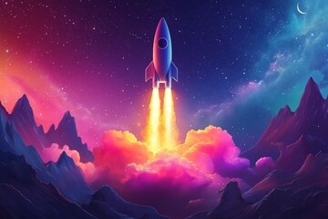 Aufkleber - Rocket launching into a vibrant cosmos with colorful clouds and mountains in the background during twilight hours