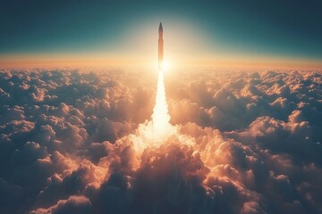 Aufkleber - Rocket launches into the sky, piercing through clouds at sunrise in a vibrant display of energy and exploration
