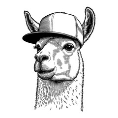 Wall Mural - llama wearing snapback hat in detailed black and white outline line art drawing