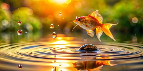 Wall Mural - Super Slow Motion Rain Droplets Falling into Goldfish Pond - Architectural Photography