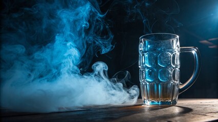 Wall Mural - Surreal Blue Smoke Enveloping Empty Beer Mug - Mystical Still Life Photography