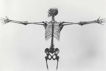 Aufkleber - Detailed view of a human skeleton with outstretched arms showcasing skeletal structure and anatomy in a clinical setting