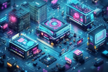 Poster - Futuristic city with neon lights, buildings, and digital interfaces.