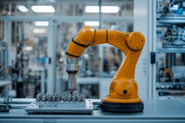 Leinwandbilder - Robotic arm assembling components in modern manufacturing facility during daytime