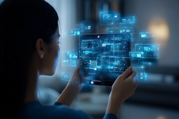 Poster - Woman interacts with holographic technology while using a tablet in a modern indoor setting during the evening