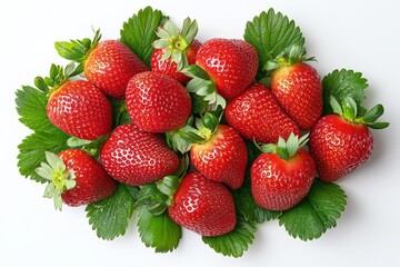 Aufkleber - Fresh strawberries arranged on green leaves showcasing their vibrant red hue and natural shine