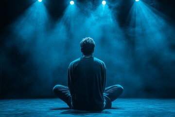 Poster - Individual meditating on stage under blue lights, surrounded by smoke in a serene atmosphere during a performance