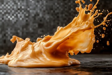 Poster - Dynamic splash of orange liquid against a dark textured background showcases motion and fluidity