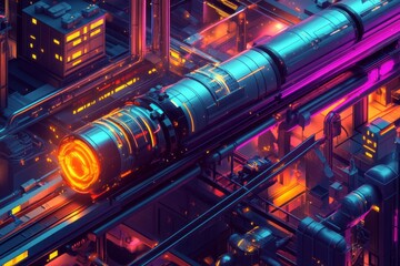 Poster - Futuristic neon-lit industrial complex with glowing pipes and machinery.