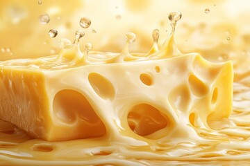 Poster - Cheese splash with golden liquid droplets creating a vibrant, appetizing effect in a bright setting