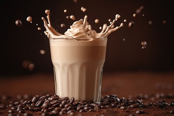 Poster - Coffee drink with whipped cream splashes around it on a dark background