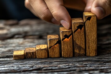 Aufkleber - Wooden blocks being arranged to depict a growing financial graph on a rustic wood surface