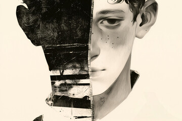 Poster - Fragmented Identity: A striking monochromatic portrait of a young man, his face partially obscured by a collage of abstract black and white elements, creating a sense of mystery and introspection.  