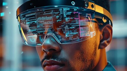 Poster - An assembly worker tightly screws in a component while AR glasses display overlaid instructions and a checklist of tasks in vibrant colors.