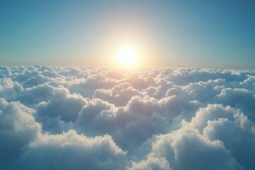 Poster - Bright sun emerging above fluffy clouds during sunny day in a clear sky at dawn