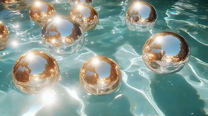 Wall Mural - A series of shiny gold balls float in a pool of water