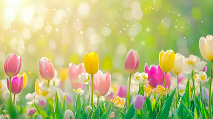 Poster - Colorful tulips blooming in a sunny garden during springtime create a vibrant atmosphere of nature's beauty