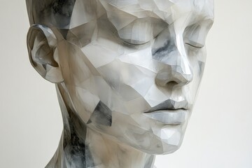 Aufkleber - Abstract sculpture of a head with geometric features showcased in a contemporary art gallery setting