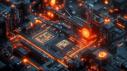 Poster - Futuristic cyberpunk-style circuit board with glowing orange lines and intricate details.