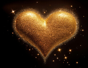 Wall Mural - A glittering golden heart shape surrounded by sparkling stars against a dark background creates a magical and romantic effect.