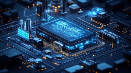 Poster - Futuristic smart factory with digital interface.