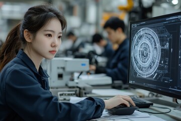 Aufkleber - Young woman focused on engineering design in a high-tech laboratory during a daytime work session