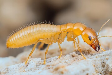 Poster - Close-up view of a termite on wood surface exhibiting detailed texture and coloration under natural light
