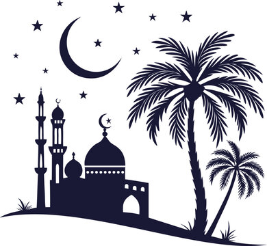 Stylized Islamic Design With Mosque, Crescent Moon, and Lanterns for Celebration