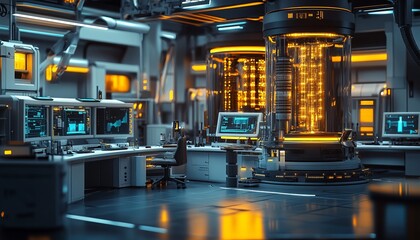 Poster - Futuristic laboratory interior with glowing servers and advanced technology.