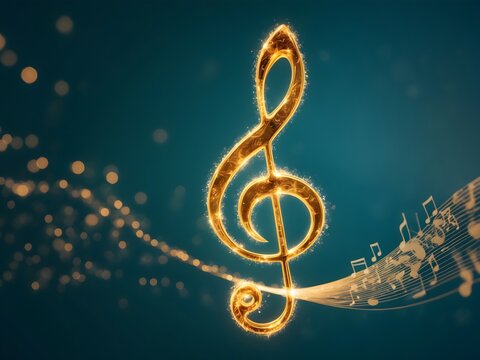 A gold treble clef on a black background.Single Music Note Design Element on Dark Background.Golden Music Notes and Treble Clef Floating Against Dark Background.