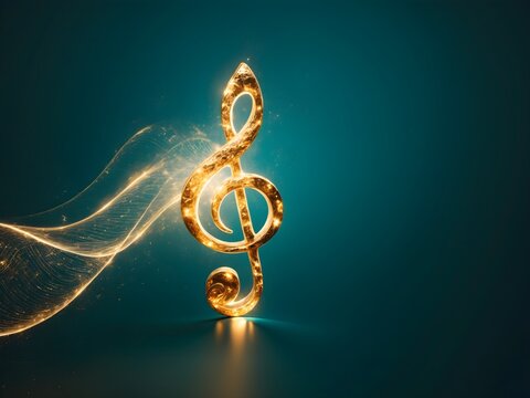 A gold treble clef on a black background.Single Music Note Design Element on Dark Background.Golden Music Notes and Treble Clef Floating Against Dark Background.