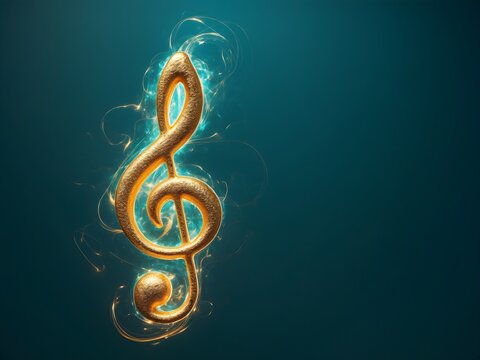 A gold treble clef on a black background.Single Music Note Design Element on Dark Background.Golden Music Notes and Treble Clef Floating Against Dark Background.