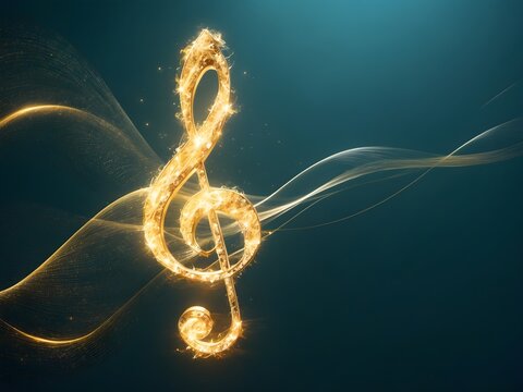 A gold treble clef on a black background.Single Music Note Design Element on Dark Background.Golden Music Notes and Treble Clef Floating Against Dark Background.
