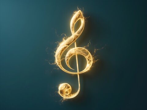 A gold treble clef on a black background.Single Music Note Design Element on Dark Background.Golden Music Notes and Treble Clef Floating Against Dark Background.