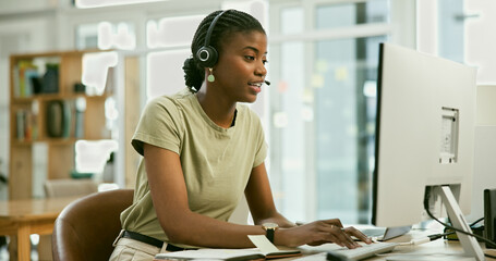 Poster - Call center, computer and black woman in office consulting for contact us, crm or faq. Telemarketing, help and African female lead generation consultant with loan advice, customer support or service