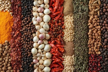 Poster - Vibrant display of spices arranged in neat rows at a market showcasing diverse culinary ingredients