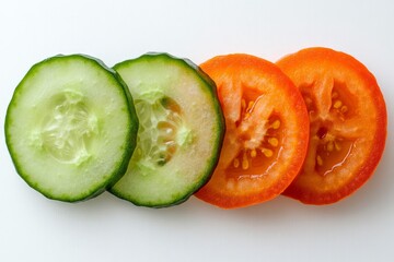 Poster - Freshly sliced cucumber and tomato arranged on a clean white surface in a cheerful display of colors