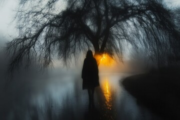 Aufkleber - Person walking along a misty path beside a reflective water body in a tranquil setting at sunset