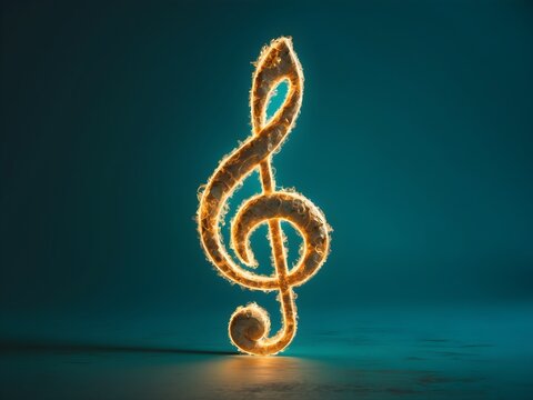 A gold treble clef on a black background.Single Music Note Design Element on Dark Background.Golden Music Notes and Treble Clef Floating Against Dark Background.