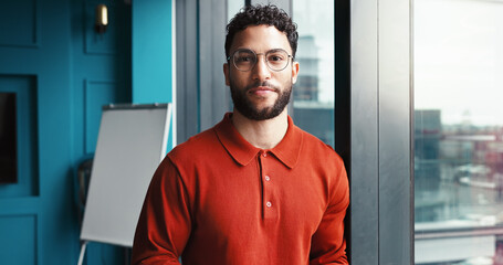 Aufkleber - Confident, glasses and portrait of businessman in office for finance stock market with trading industry. Pride, professional and male financial risk manager with investment mitigation for client.
