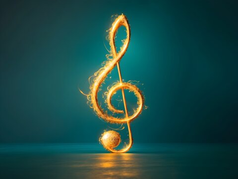 A gold treble clef on a black background.Single Music Note Design Element on Dark Background.Golden Music Notes and Treble Clef Floating Against Dark Background.