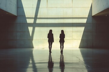 Poster - Two silhouettes standing in a minimalist architectural space with sunlight casting geometric shadows