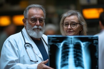 Poster - Medical professionals discussing chest X-ray results in a hospital setting during daytime