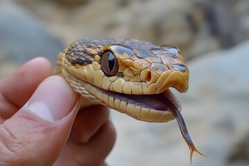 Poster - Hand holds a close-up of a unique snake's head in a natural setting showcasing intricate patterns and colors