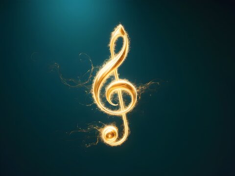 A gold treble clef on a black background.Single Music Note Design Element on Dark Background.Golden Music Notes and Treble Clef Floating Against Dark Background.